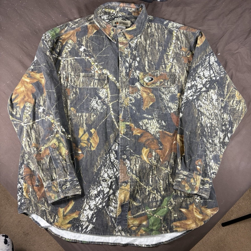 Russell Outdoors Mossy Oak Camo Button Up Shirt Mens 3XL Hunting Long Sleeve